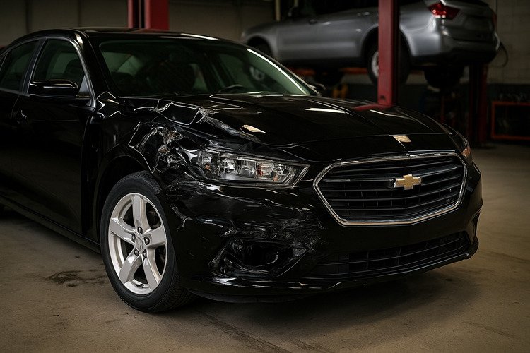 Damaged black Chevrolet sedan with front-end collision parked inside an auto body repair shop.