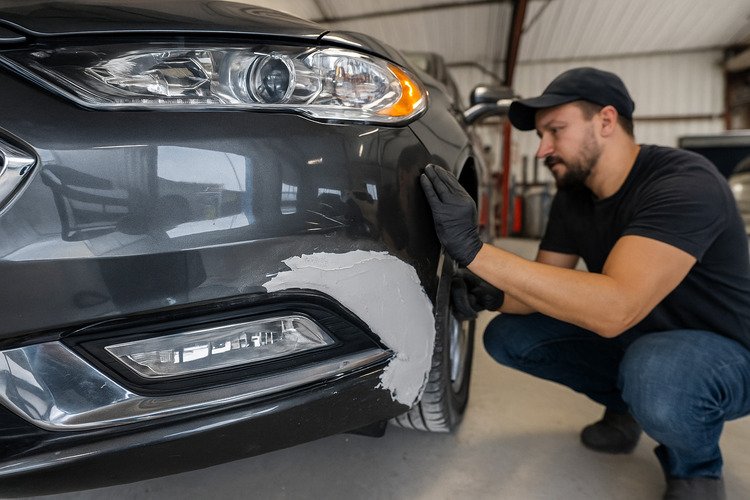 Bumper repair service on a sedan at a certified auto body shop in Sugar Land, TX.