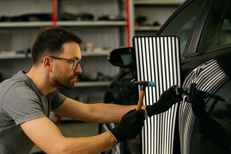Paintless dent removal service on black vehicle at auto body shop in Sugar Land, TX.