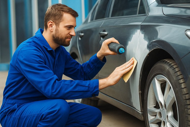 Fender repair service on gray sedan at auto body shop in Sugar Land, TX.